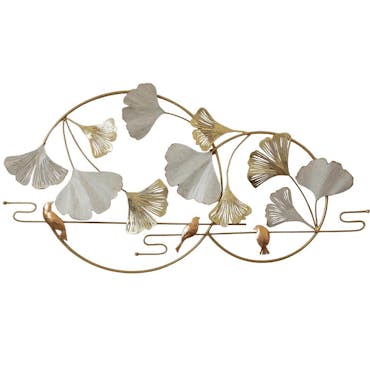 Décoration murale en métal ginkgo et oiseaux sur anneaux