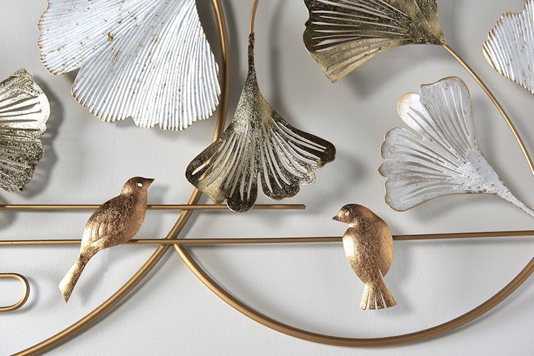 Décoration murale en métal ginkgo et oiseaux sur anneaux