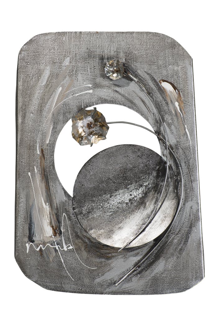 Décoration murale FLEUR ABSTRAITE en 3D sur métal tons blancs, dorés et argentés avec éléments métal 43x60cm