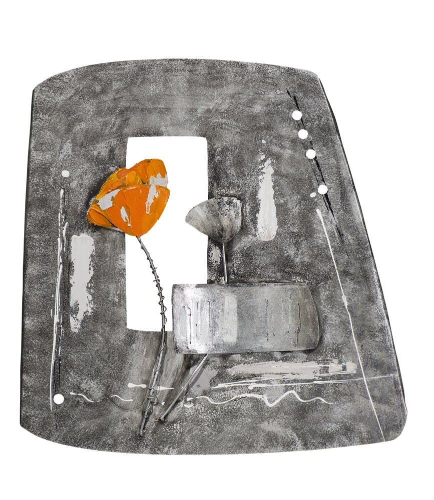 Décoration murale FLEUR Pavot orange et gris en 3D sur métal ton gris argentés avec éléments métal 57x59cm