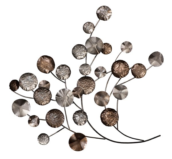 Décoration murale FLEURS branches et feuilles rondes tons argentés et dorés 95x106cm