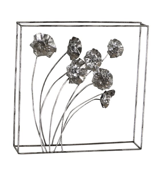 Décoration murale Fleurs dans le vent tons argentés dans cadre double métal 40x40cm