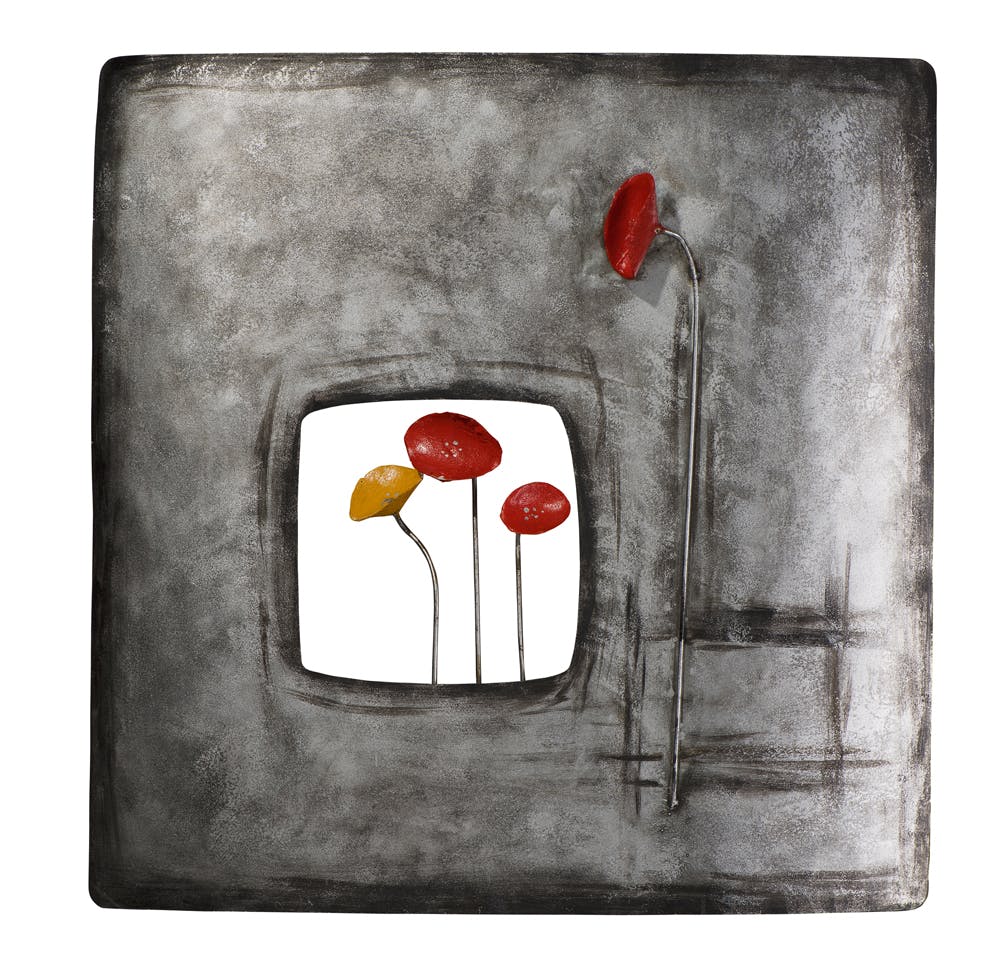 Décoration murale FLEURS rouges et jaune en 3D sur métal tons gris avec éléments métal 60x60cm