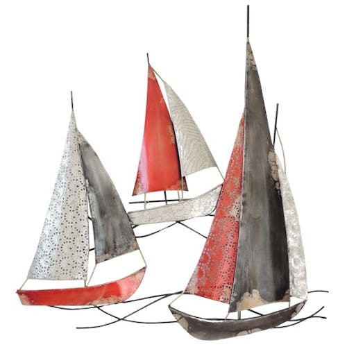 Décoration murale métal 3 bateaux rouges