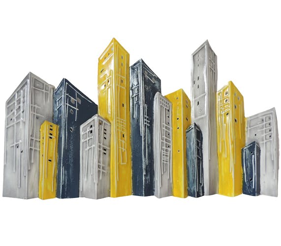Décoration murale métal buildings gris et jaunes