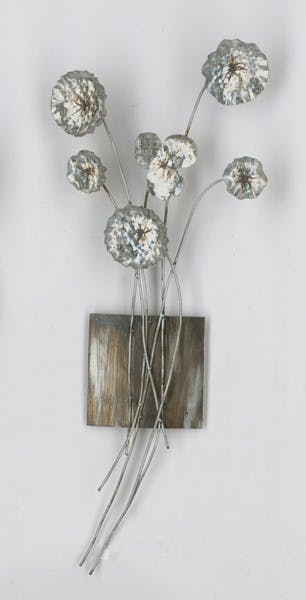Décoration murale métal fleurs argentées dorées en relief sur plaque 29x79cm