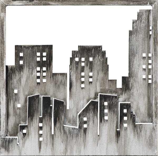 Décoration murale Paysage Urbain découpé en métal tons grisés et argentés 40x40cm