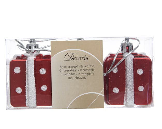 Décoration Paquet cadeau à suspendre blanc et rouge 6cm