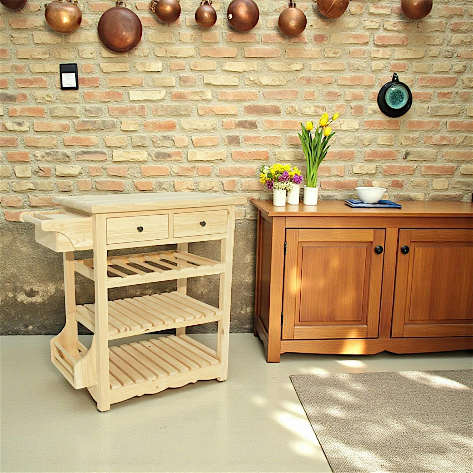 Desserte de cuisine Hévéa 2 tiroirs, 2 étagères, 1 rack à bouteilles, 1 rangement latéral 70x45x84cm TRADITION