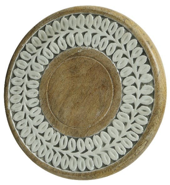 Dessous de plat en bois de manguier feuilles sculptées tons gris vert