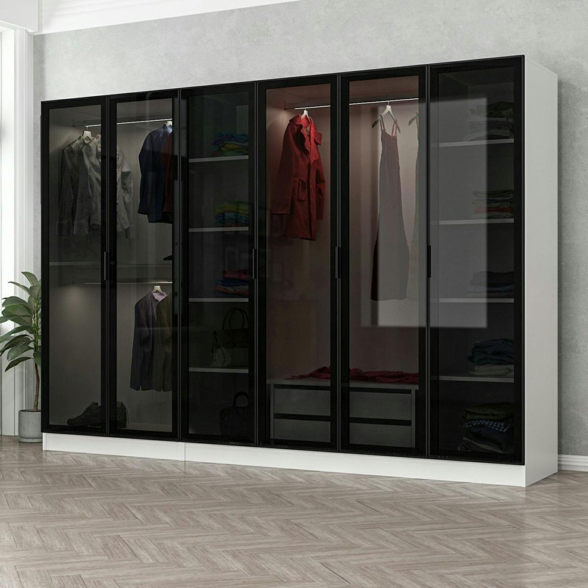 Dressing 6 portes verre, 2 tiroirs & cadre blanc BYRON