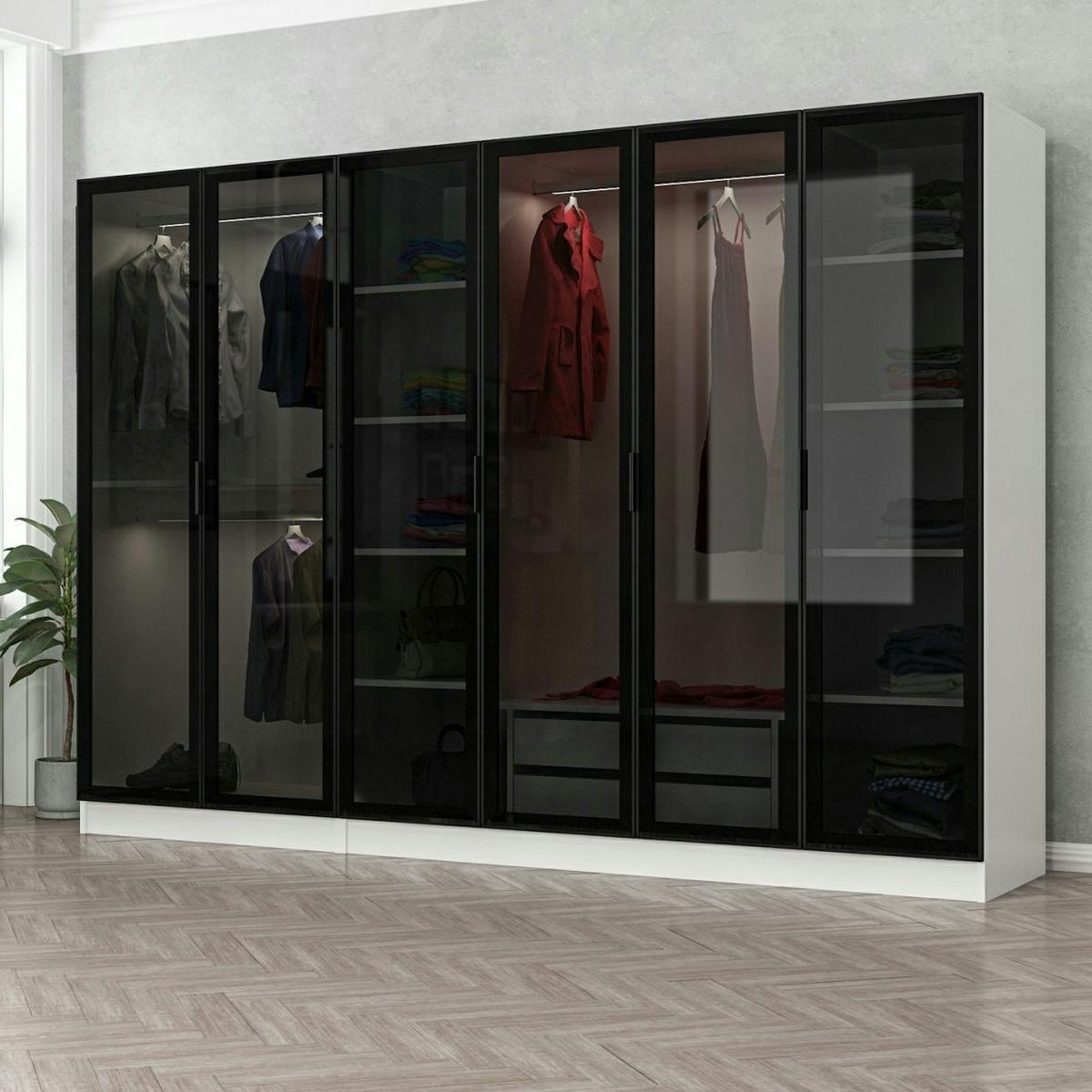 Dressing design 6 portes verre, cadre blanc, 2 tiroirs BYRON