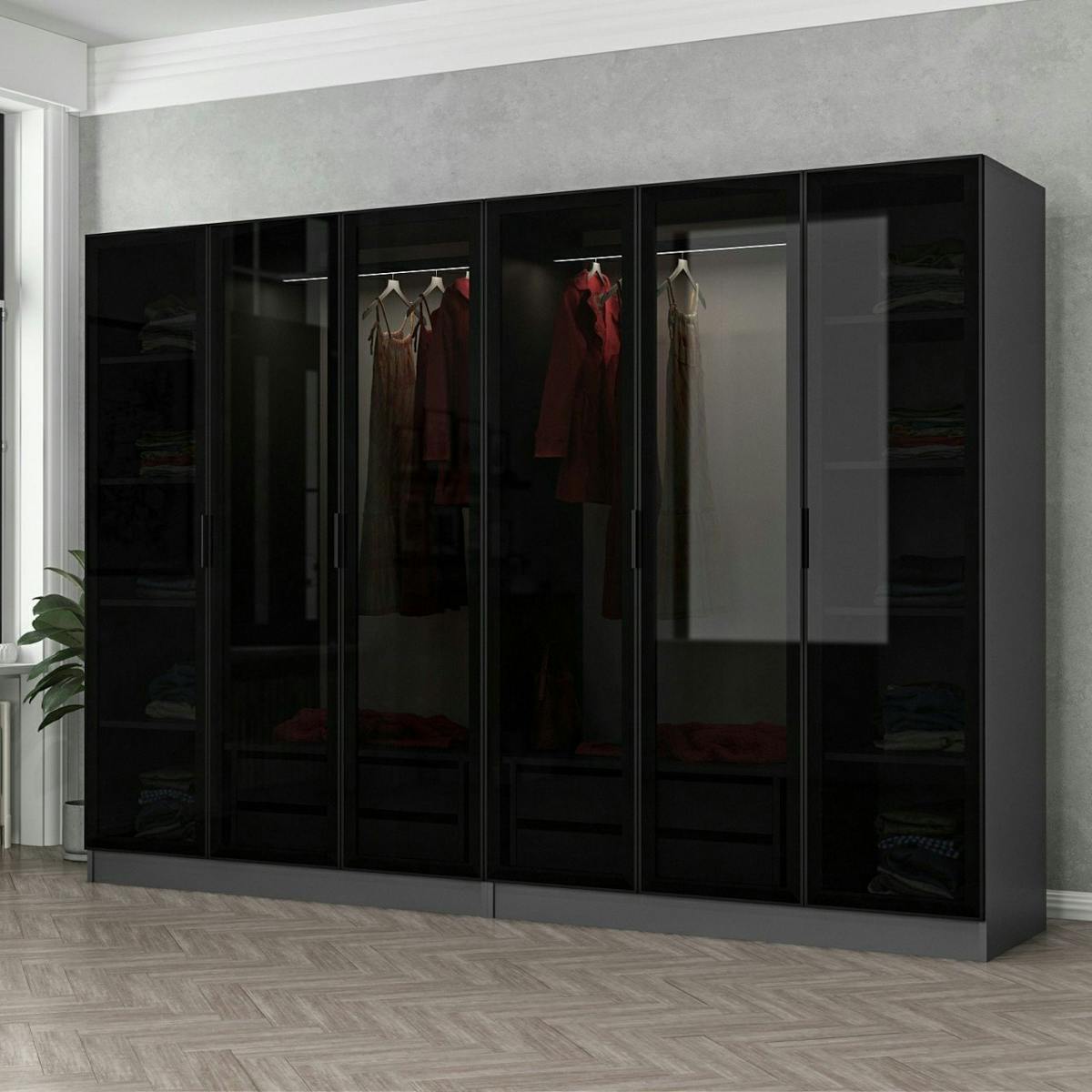 Dressing design 6 portes, verre noir & cadre anthracite BYRON