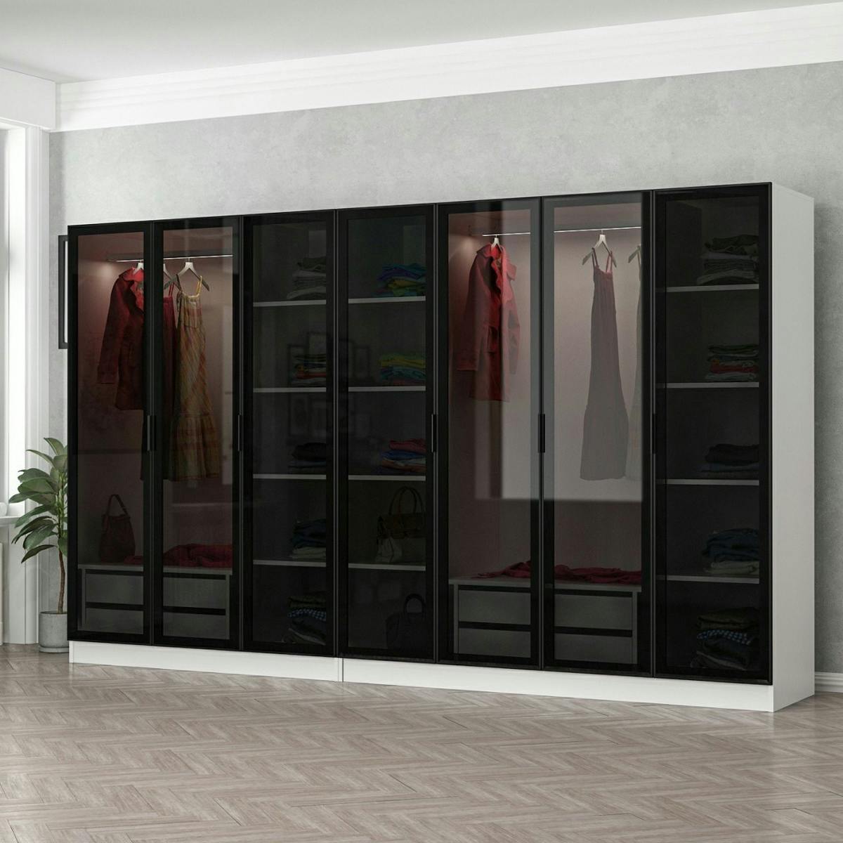 Dressing design 7 portes en verre noir et cadre blanc BYRON