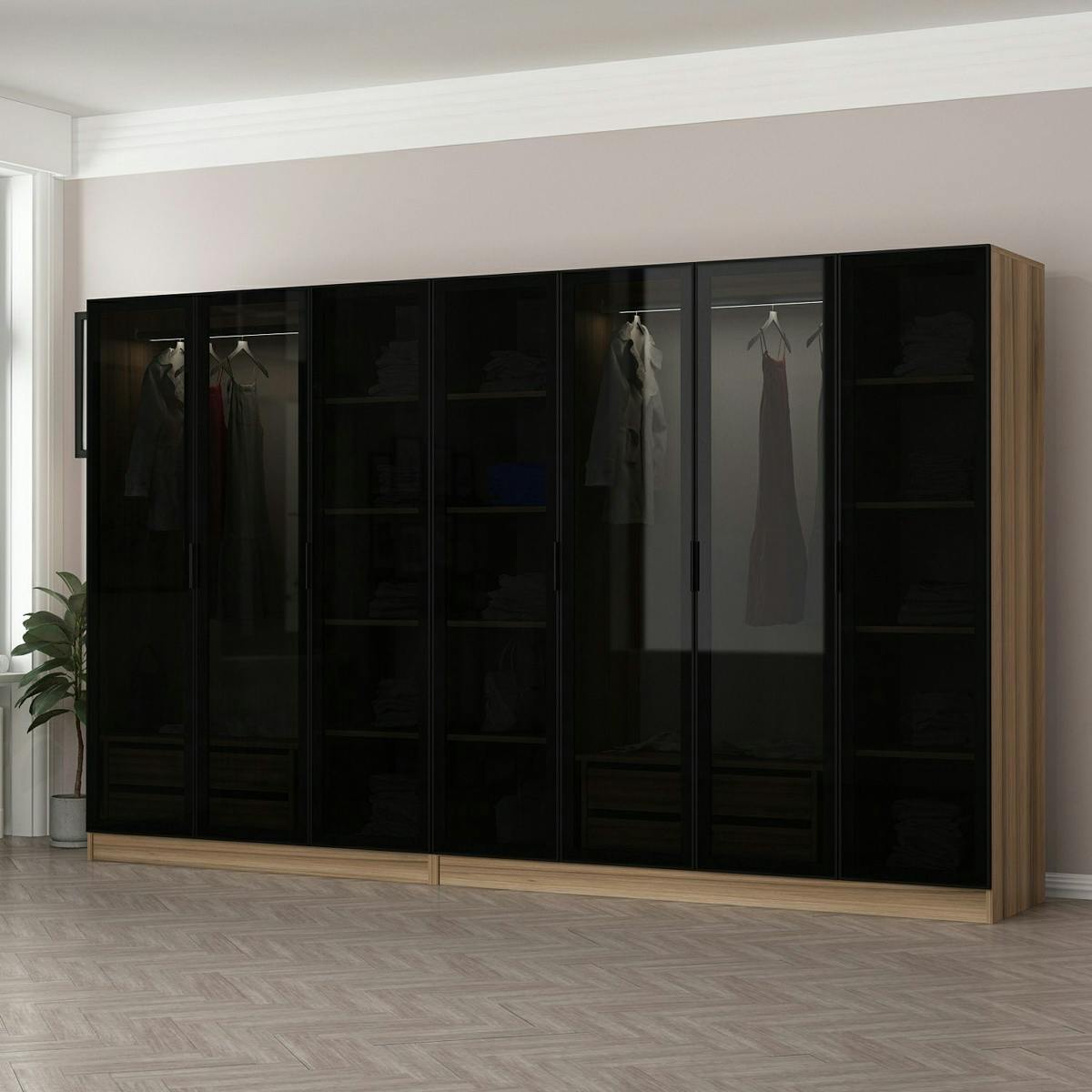 Dressing design 7 portes verre noir & cadre effet bois BYRON