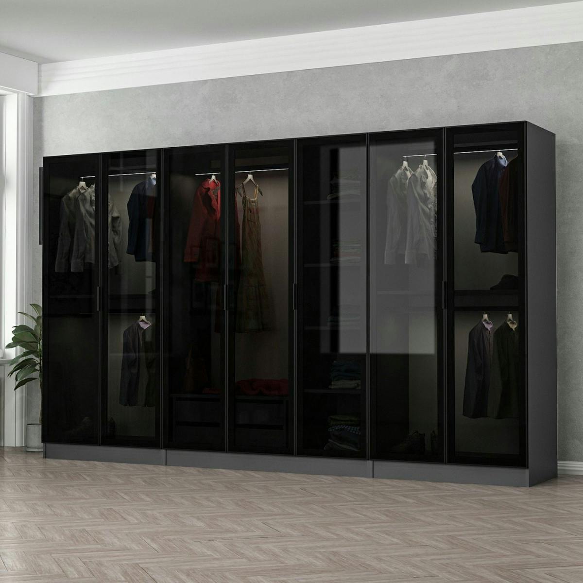 Dressing XXL 5 penderies, anthracite & verre noir 190 cm BYRON