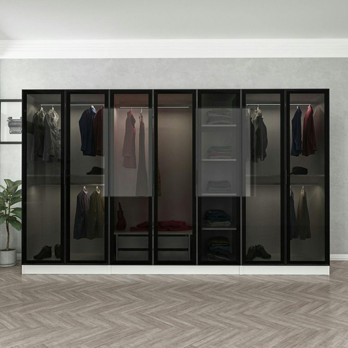 Dressing XXL 5 penderies, blanc & verre noir 190 cm BYRON