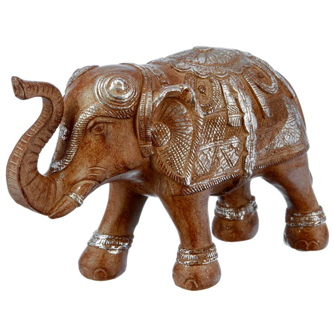 Eléphant avec la trompe levée en résine couleur caramel 31x12xH19cm