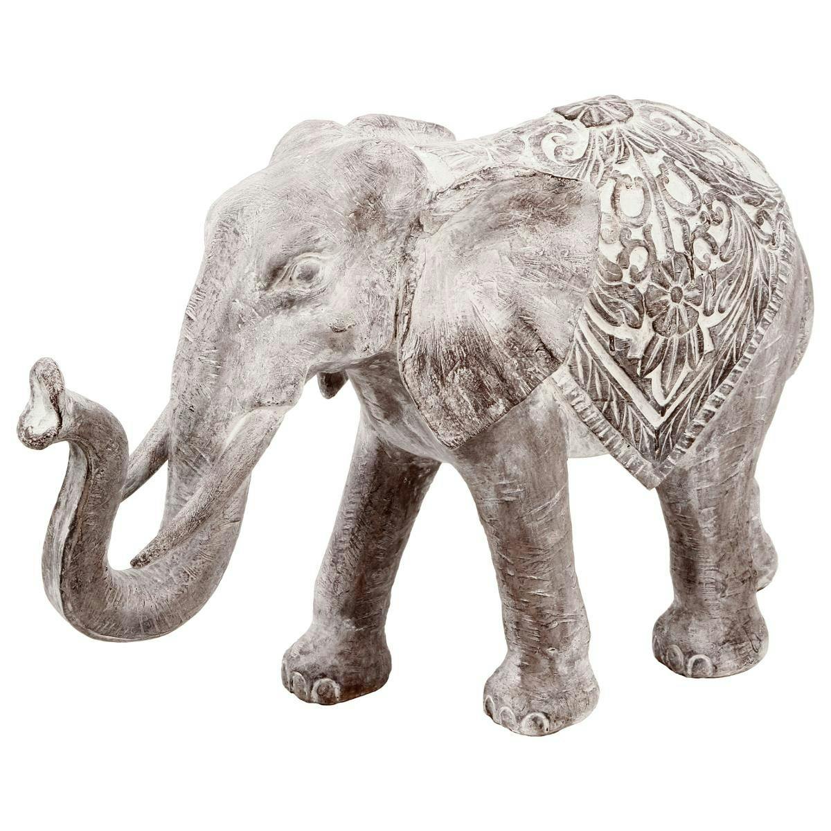 Eléphant avec la trompe levée en résine finition blanchie 11cm