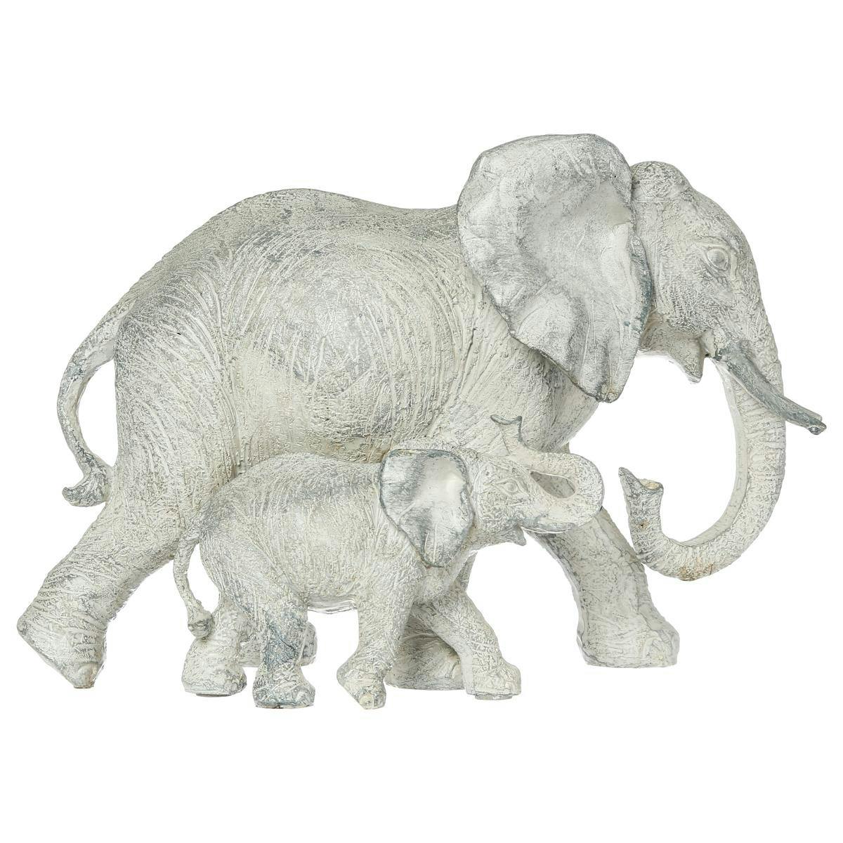 Eléphant et son bébé en résine blanche grisée 22,5x12xH15,5cm