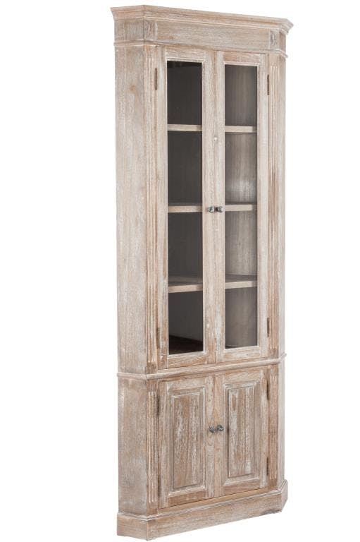 Encoignure bois naturel patiné grisé blanchi, 2 portes vitrées et 2 portes pleines L61xP61xH193cm PAOLIA