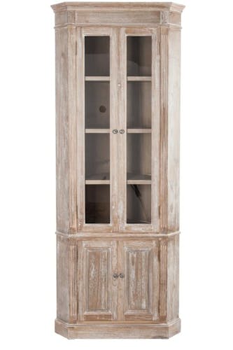 Encoignure bois naturel patiné grisé blanchi, 2 portes vitrées et 2 portes pleines L61xP61xH193cm PAOLIA