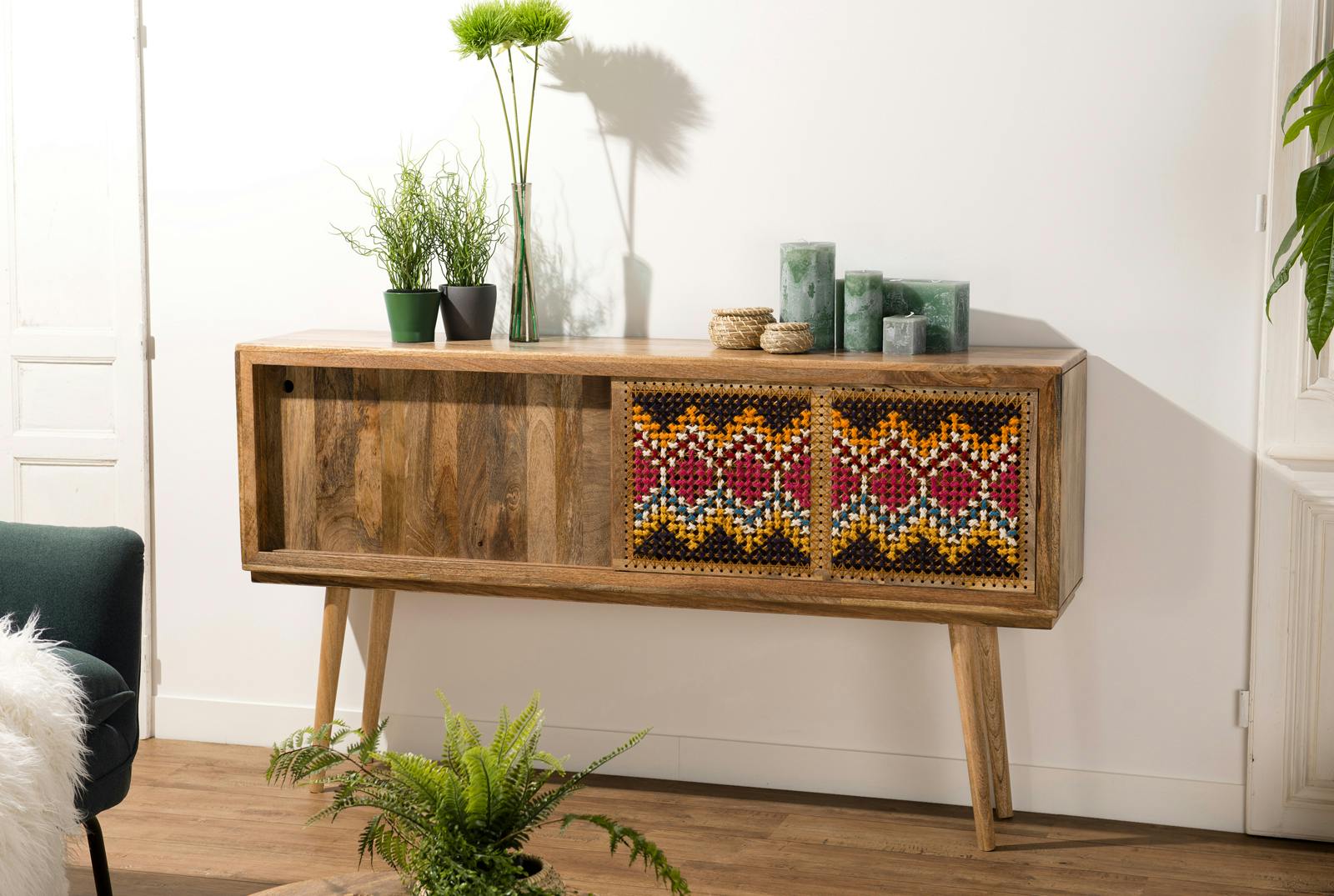 Buffet console en bois de manguier portes coulissantes de style exotique