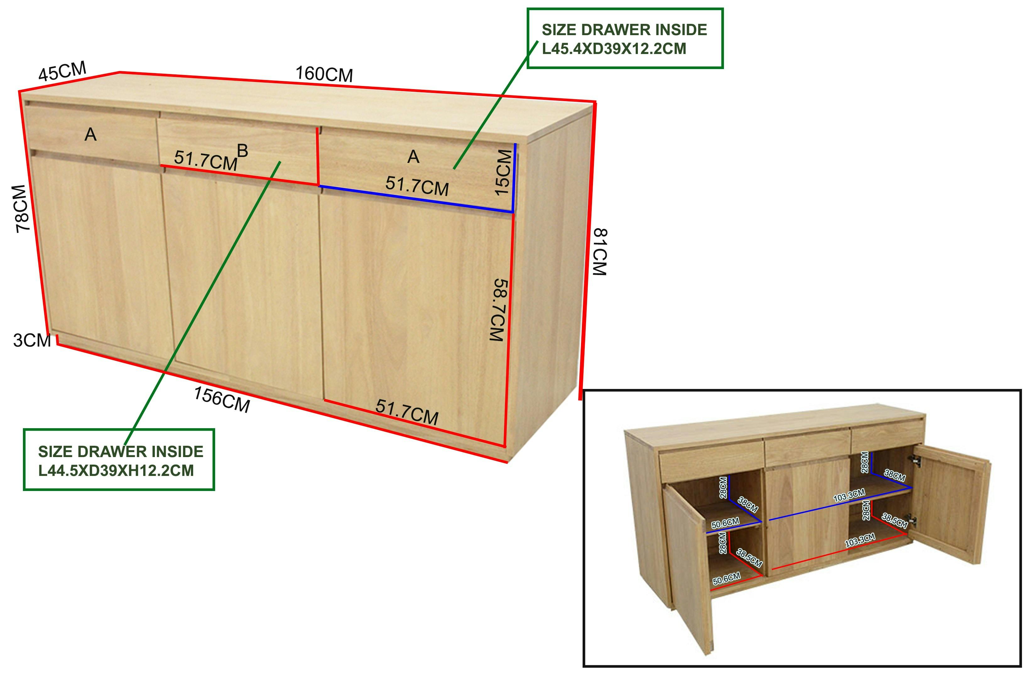 Enfilade / Buffet long Hévéa 3 portes, 3 tiroirs 160x45x81cm BALTIC