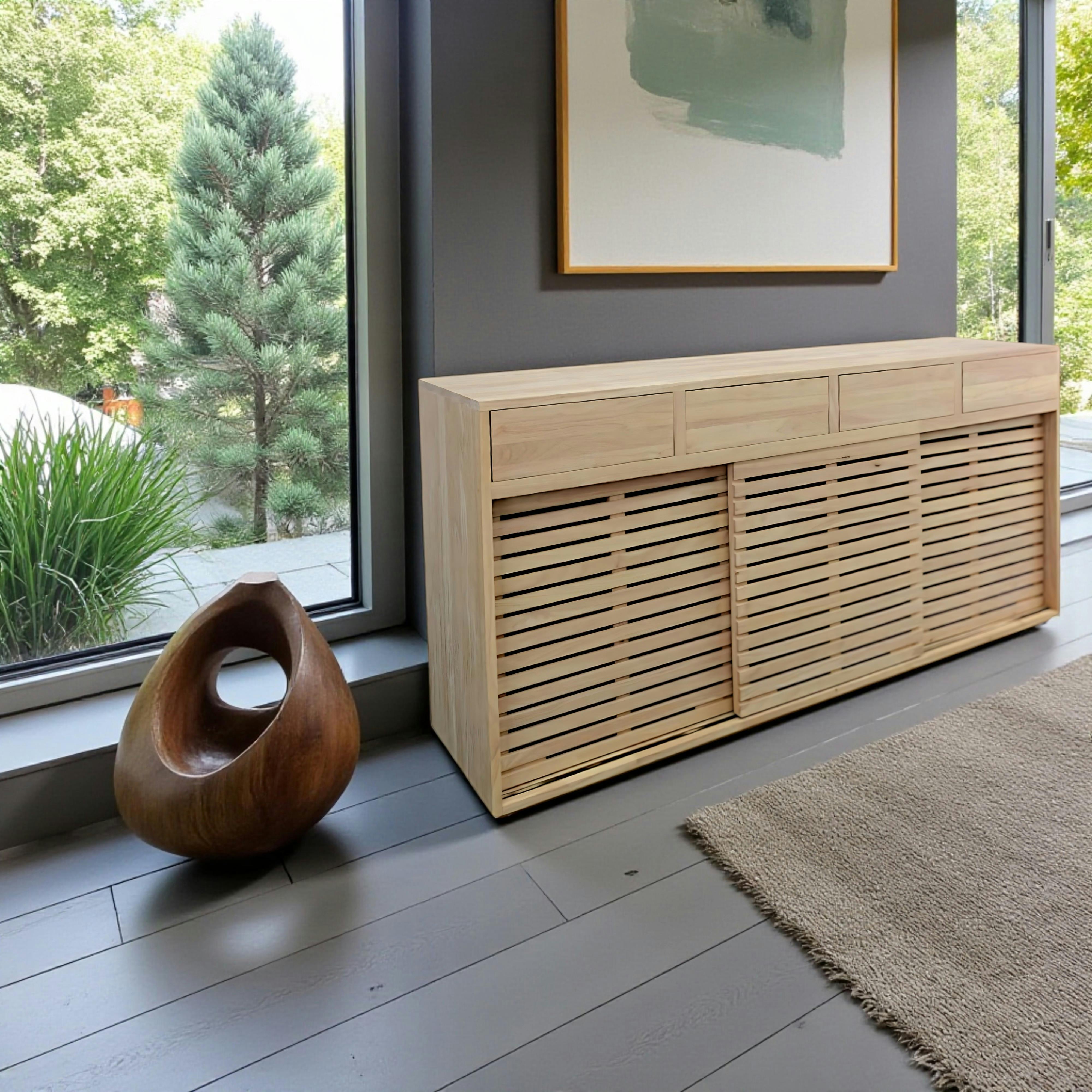 Enfilade / Buffet long Hévéa 3 portes coulissantes Persiennes, 4 tiroirs 180x45x90cm NEW ORLEANS