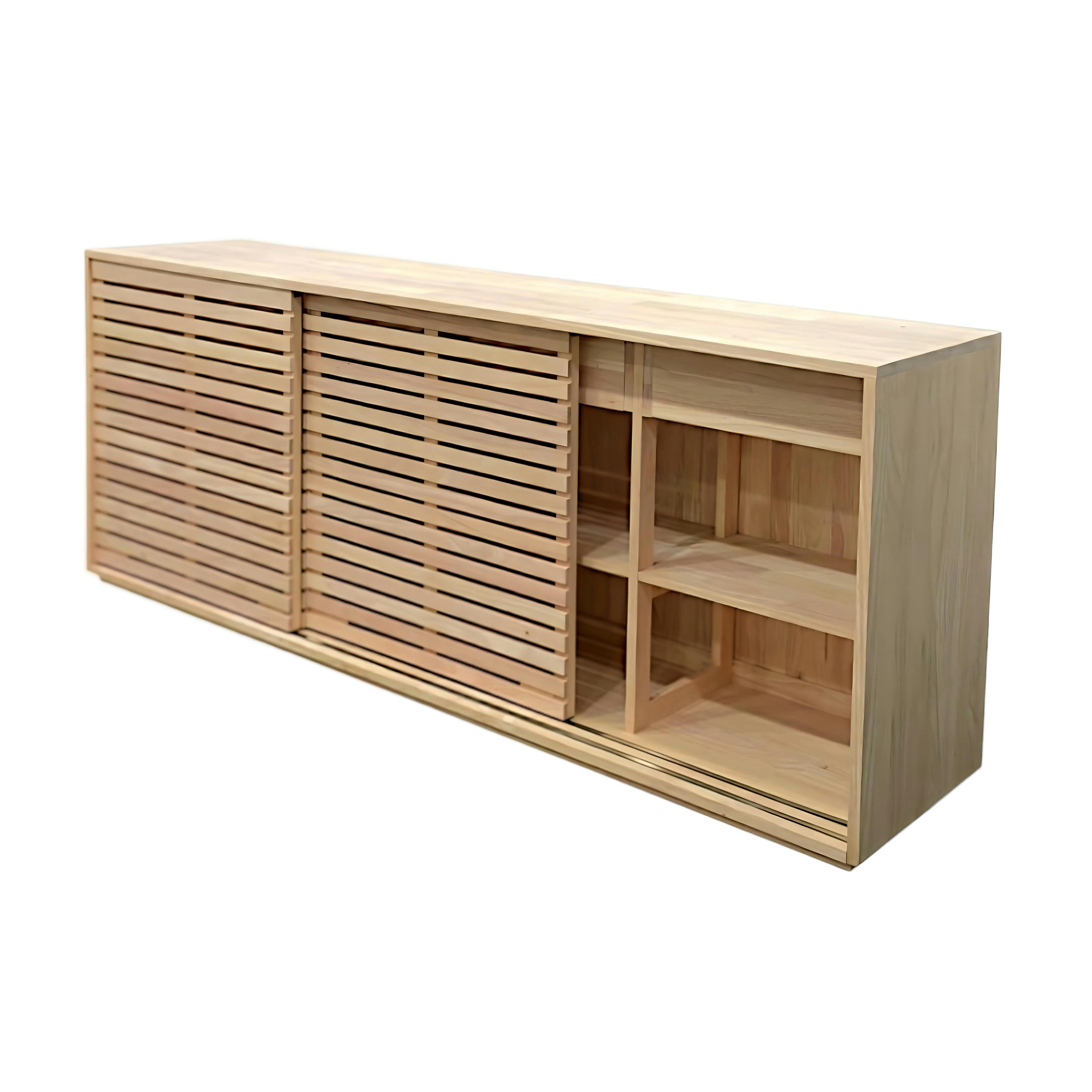 Enfilade / Buffet long Hévéa 3 portes coulissantes Persiennes, 4 tiroirs intérieurs 200x45x80cm NEW ORLEANS