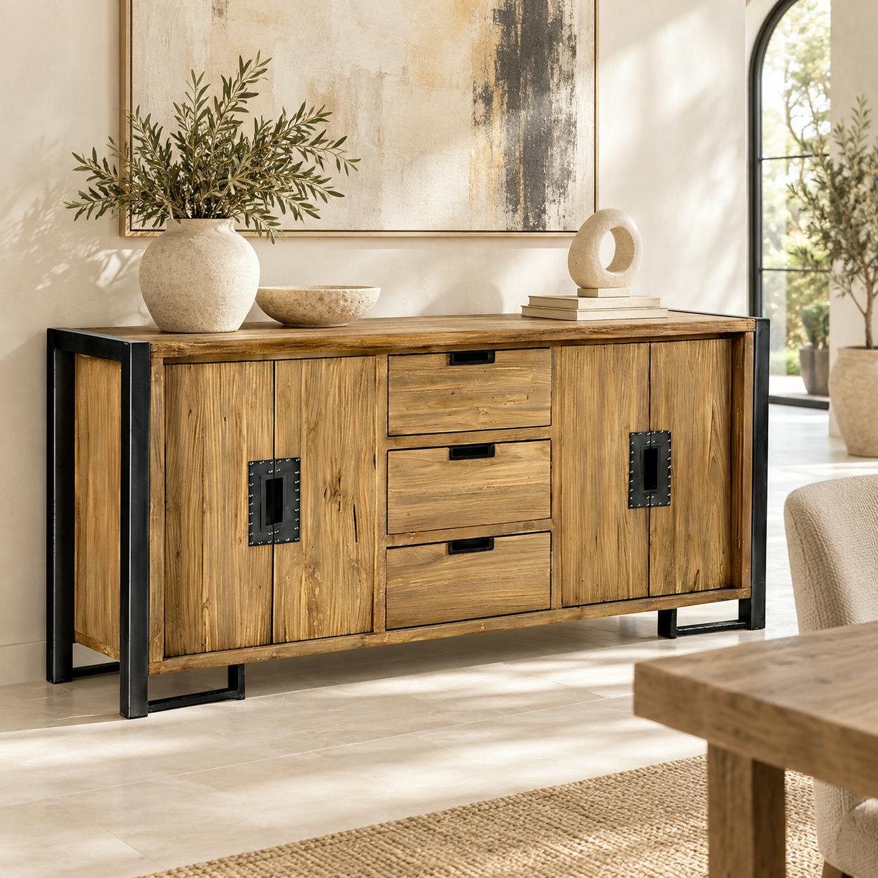 Grand buffet bahut en bois et metal de style industriel