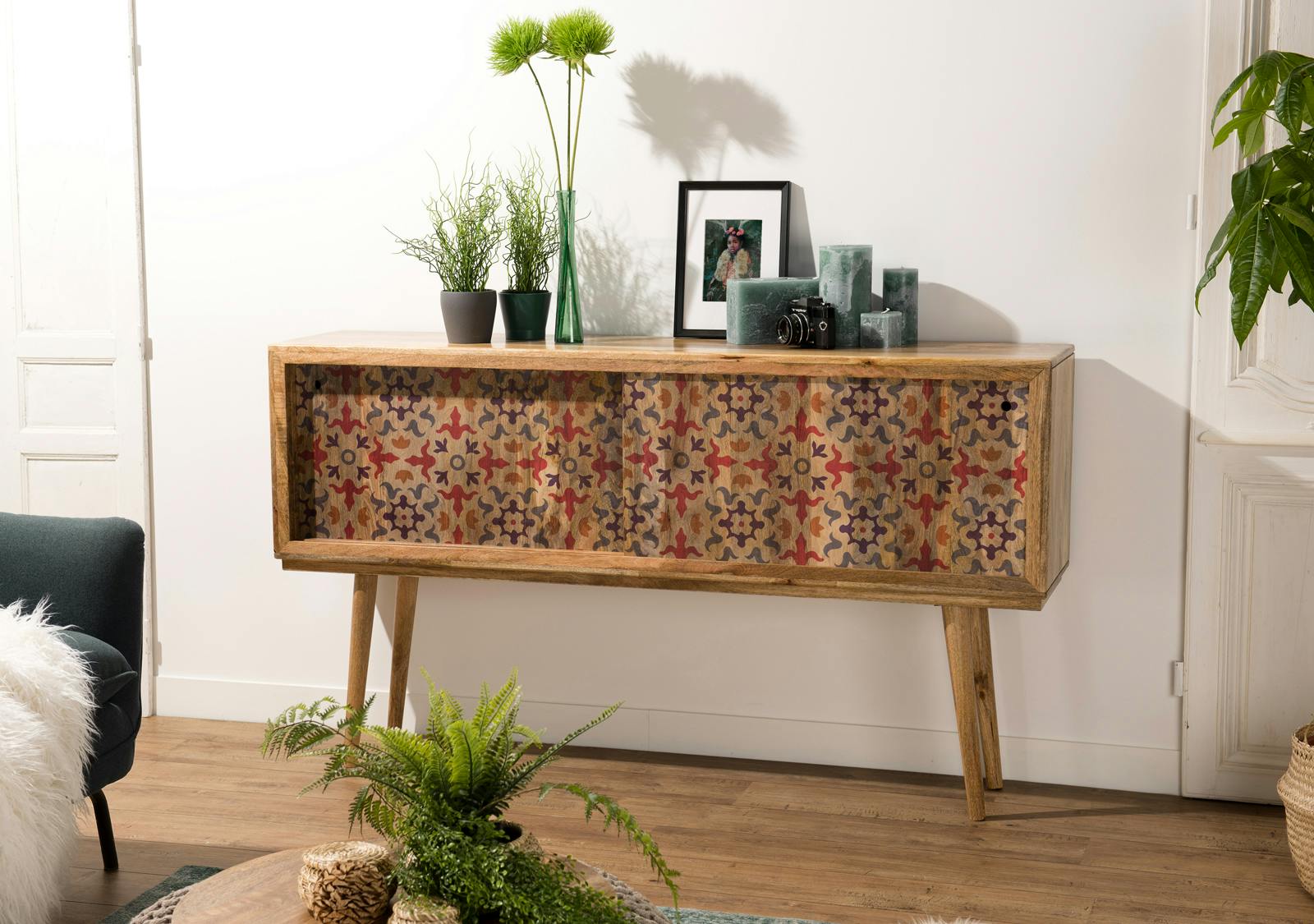 Buffet console en bois de manguier portes coulissantes de style exotique