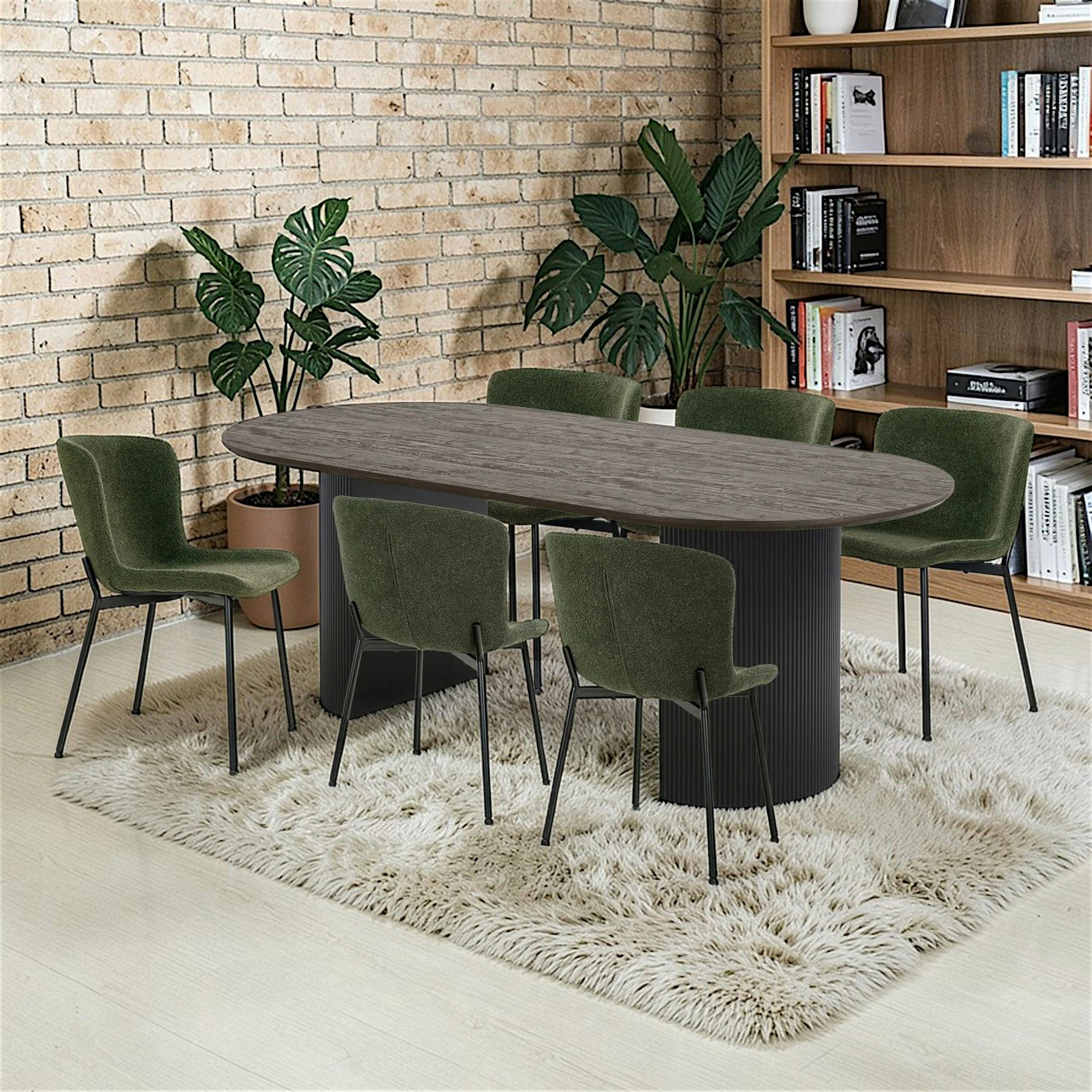 Ens. table ovale décor bois foncé + 6 chaises vertes MATERA