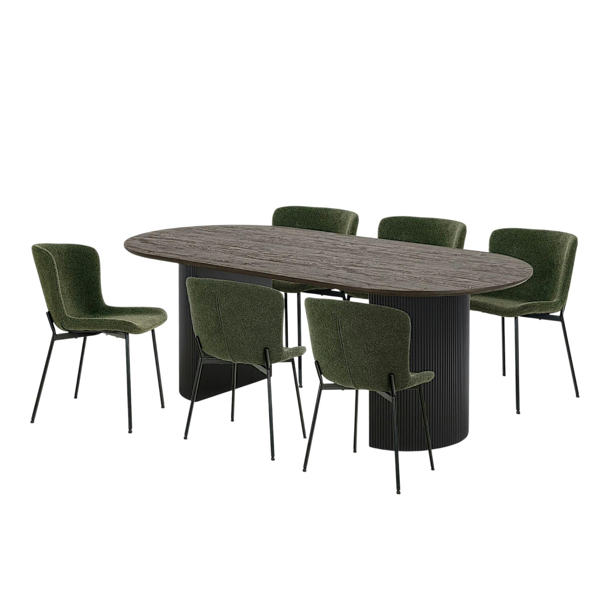Ens. table ovale décor bois foncé + 6 chaises vertes MATERA