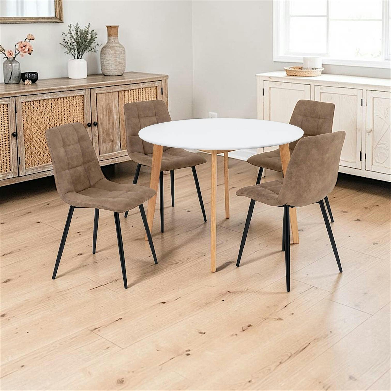 Ens. table ronde blanche + 4 chaises microfibre marron OTTA