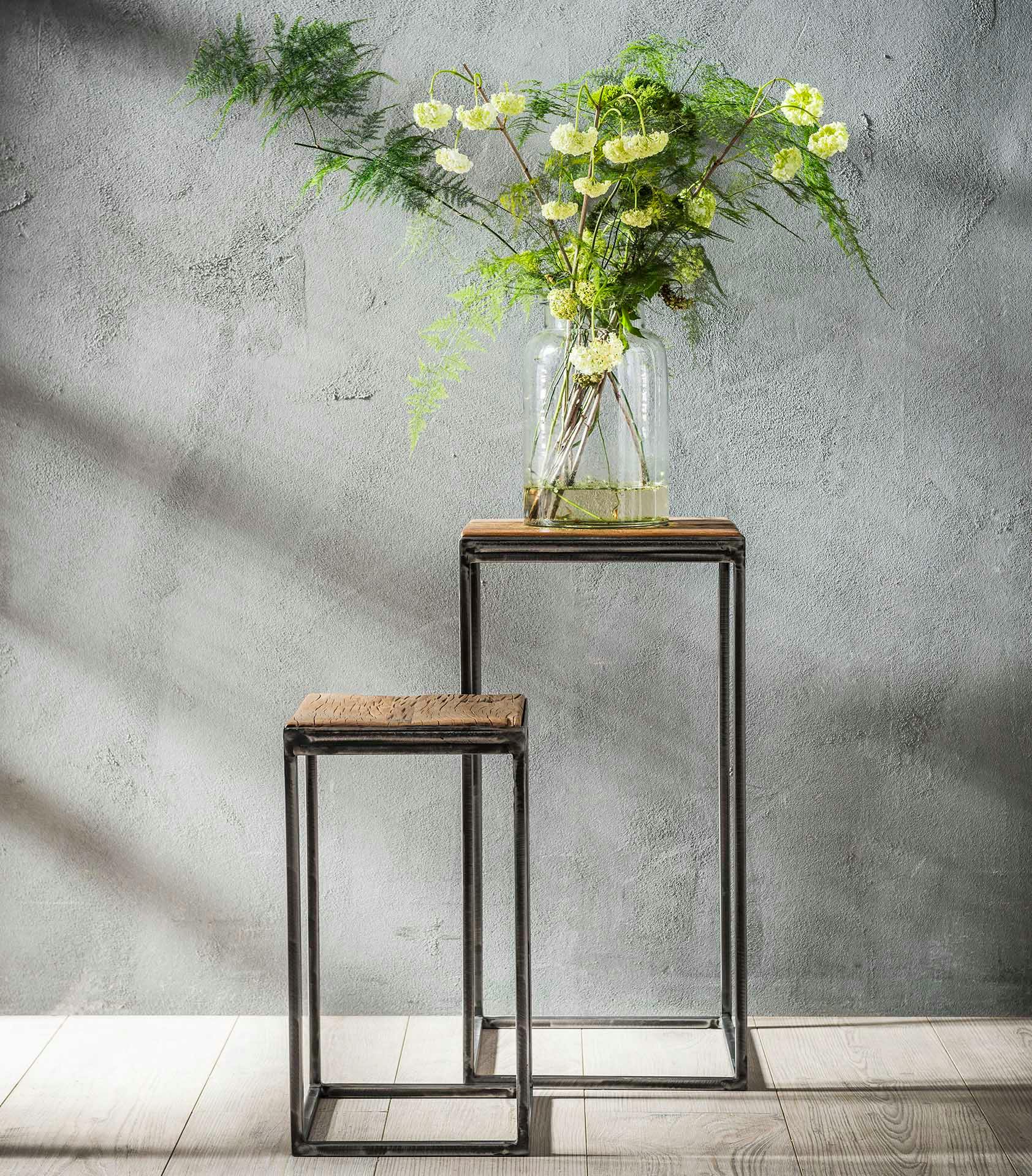 Ensemble de 2 sellettes industrielles bois brut recyclé OMSK