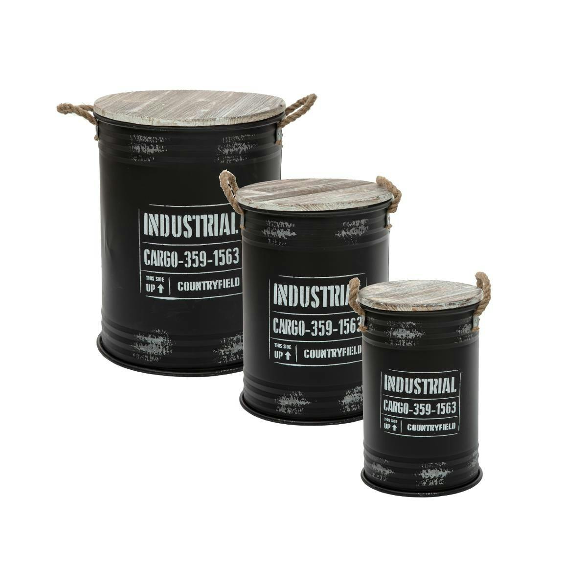Ensemble de 3 bidons "Industrial" en métal noir et bois (lot de 3)