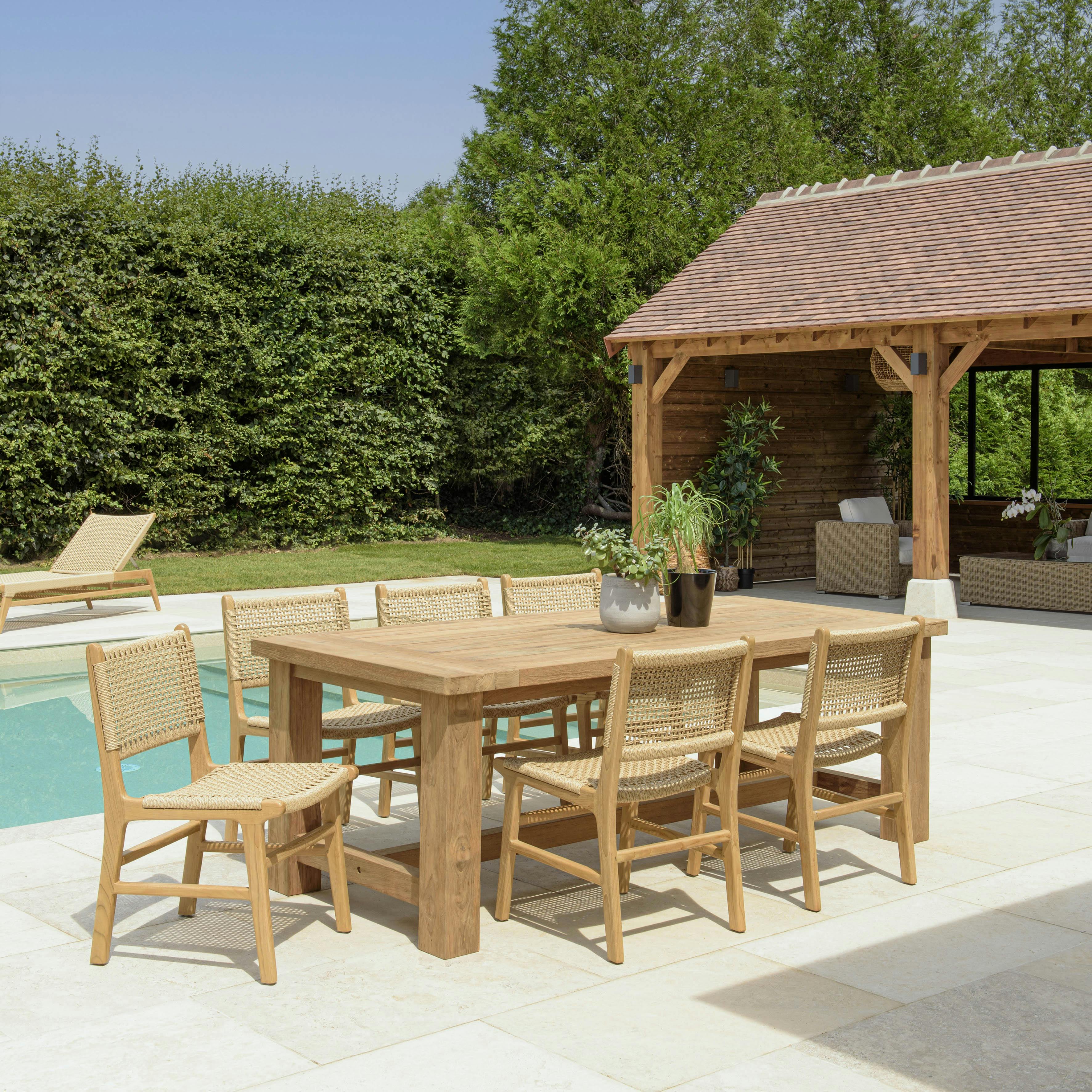 Ensemble de jardin 6 chaises ecrues et table 220 cm teck recyclé LUMIO