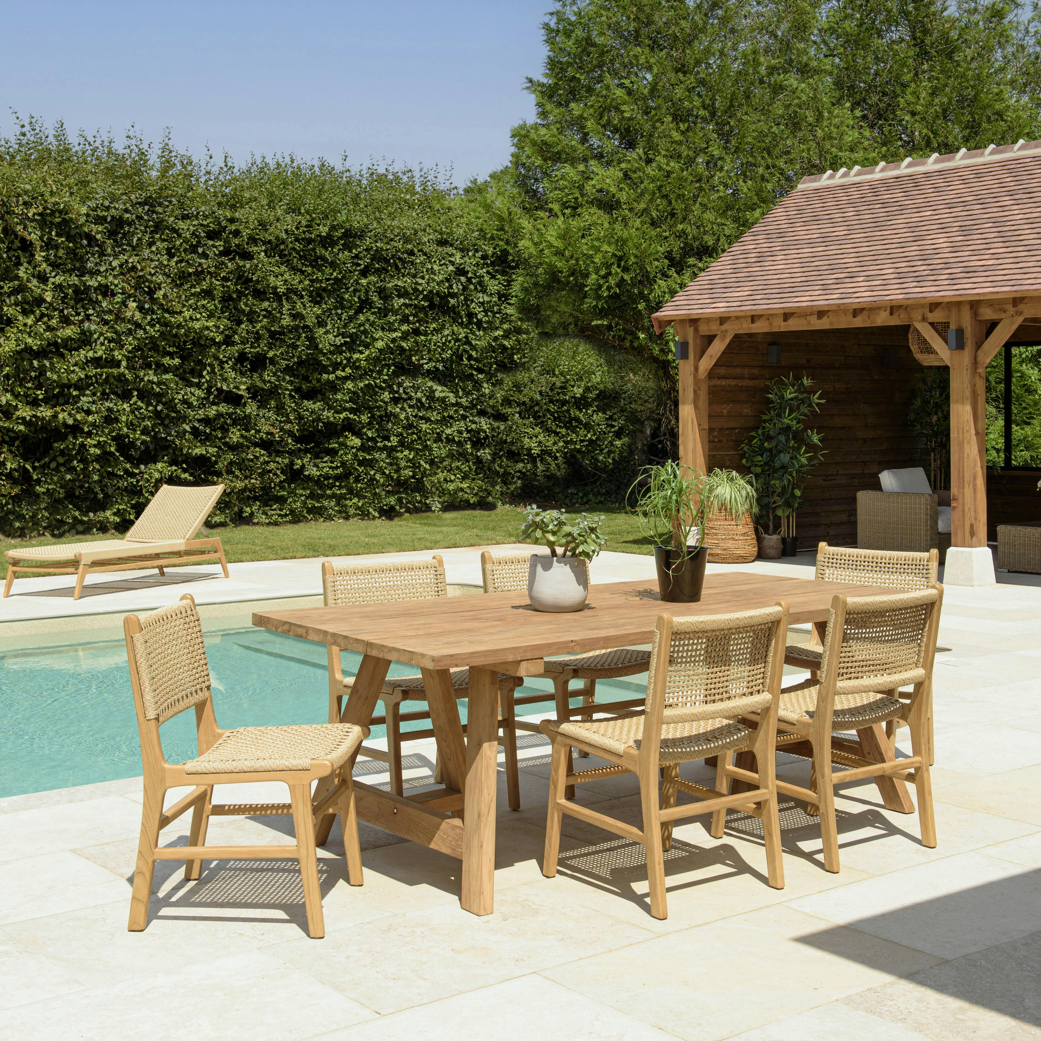 Ensemble de jardin 6 chaises ecrues et table pied en H teck recyclé LUMIO