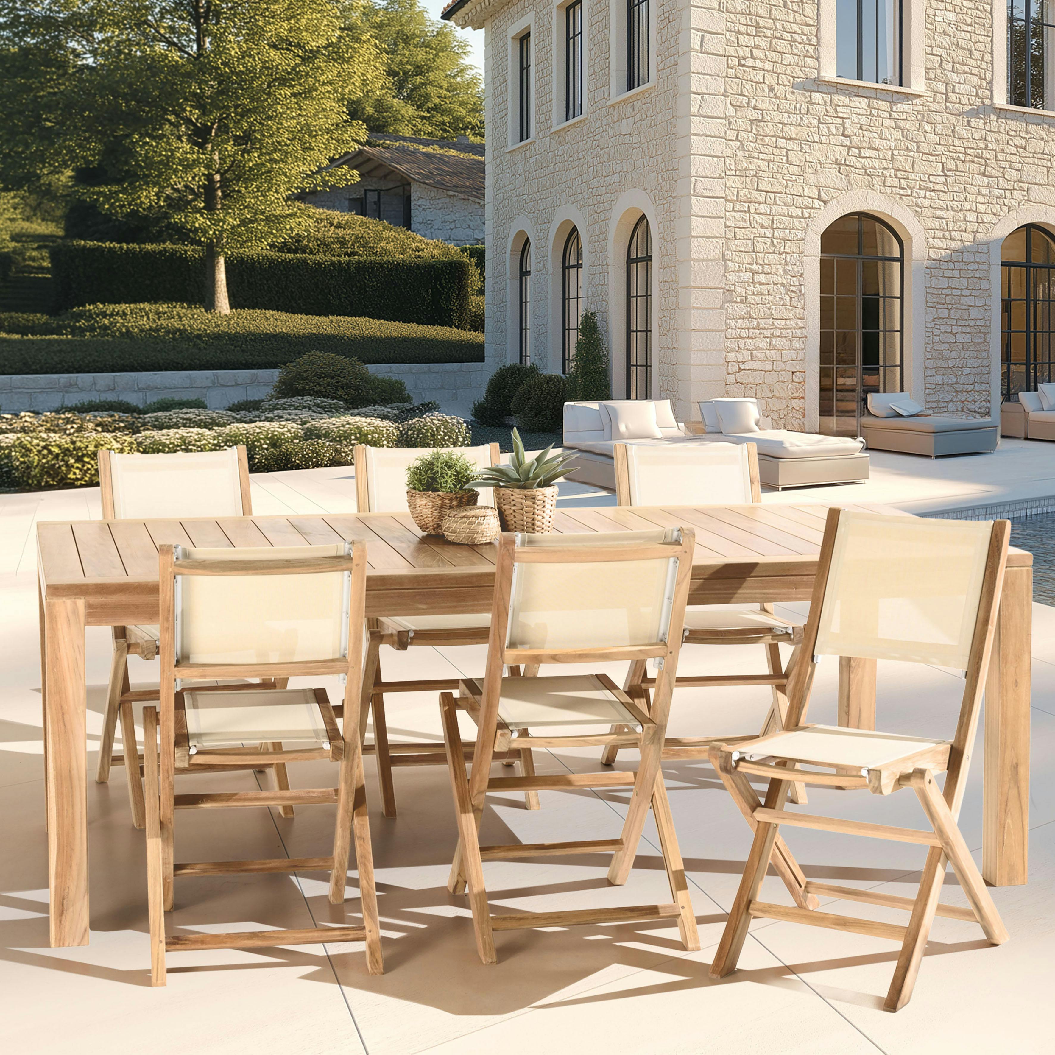 Ensemble de jardin extérieur grande table rectangle en teck 6 chaises ALERIA