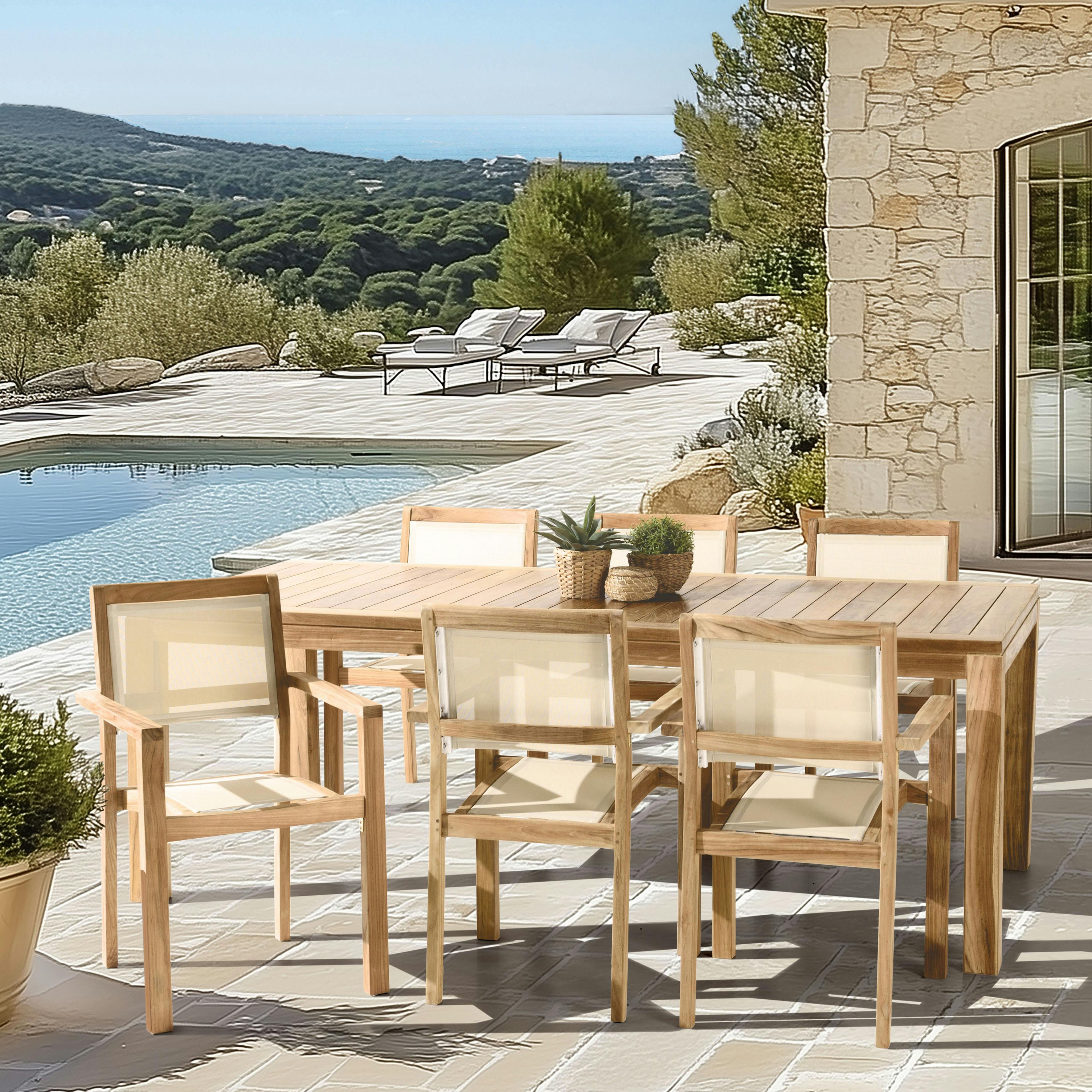 Ensemble de jardin extérieur grande table rectangle en teck 6 fauteuils ALERIA