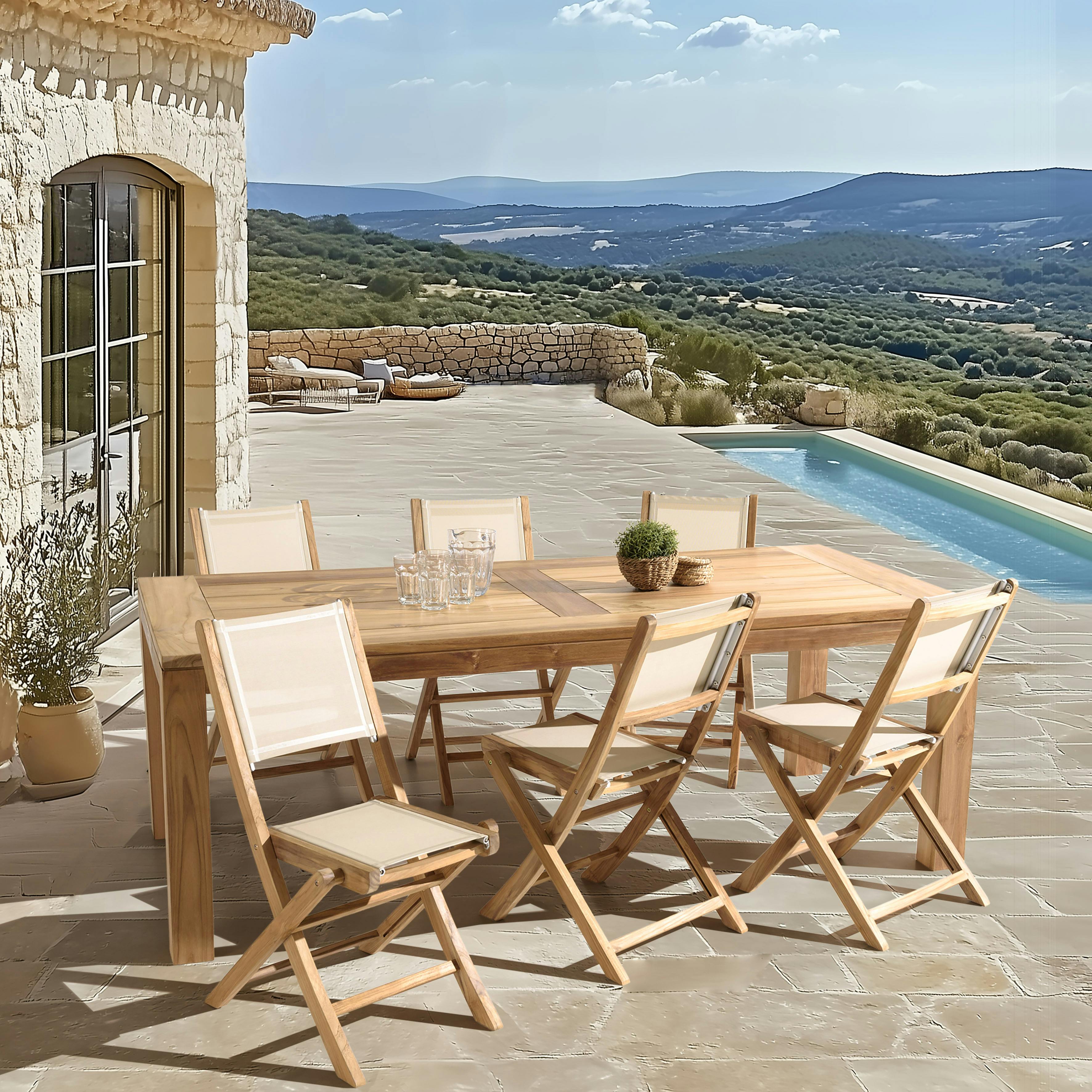 Ensemble de jardin extérieur table rectangle en teck 6 chaises ALERIA