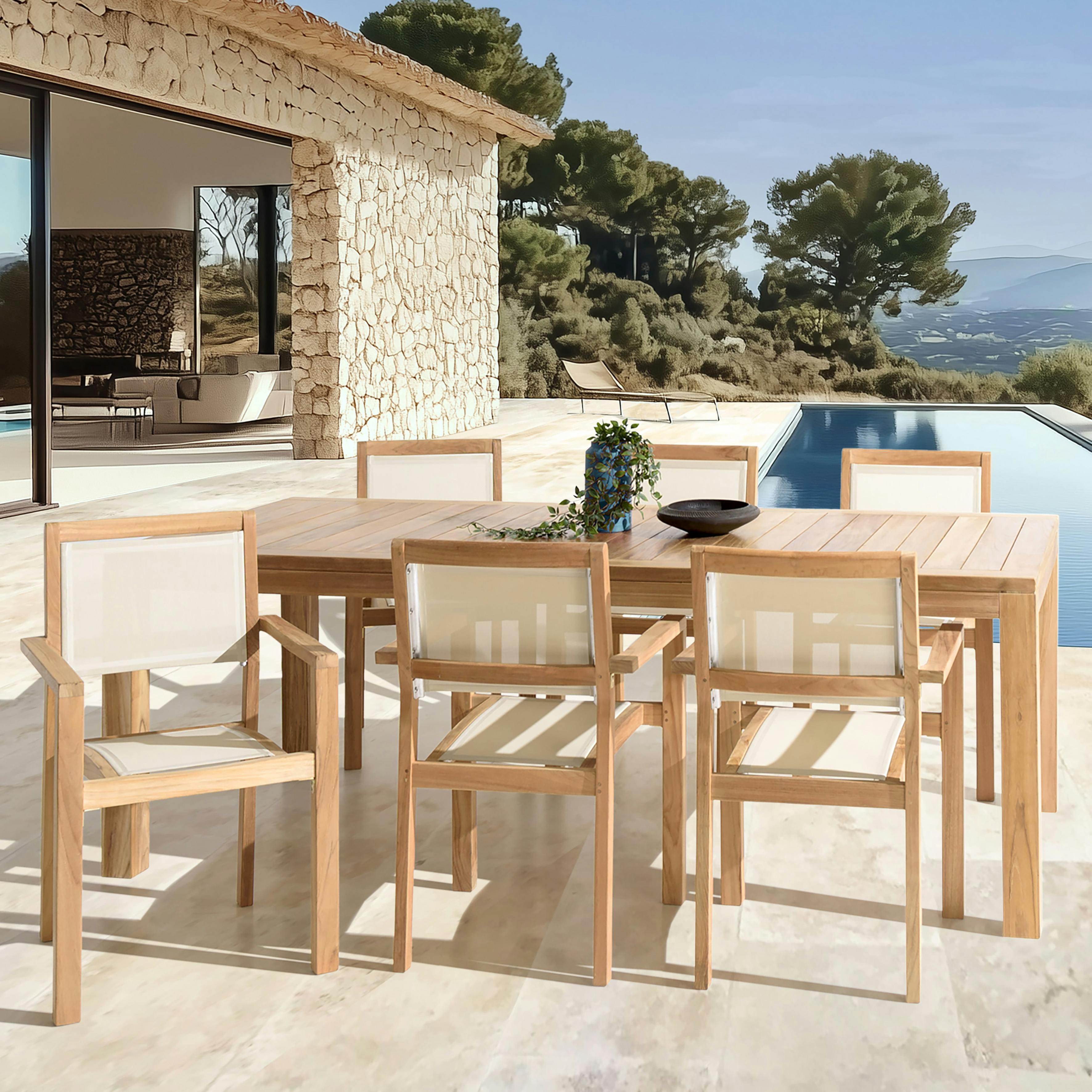 Ensemble de jardin extérieur table rectangle en teck 6 fauteuils ALERIA