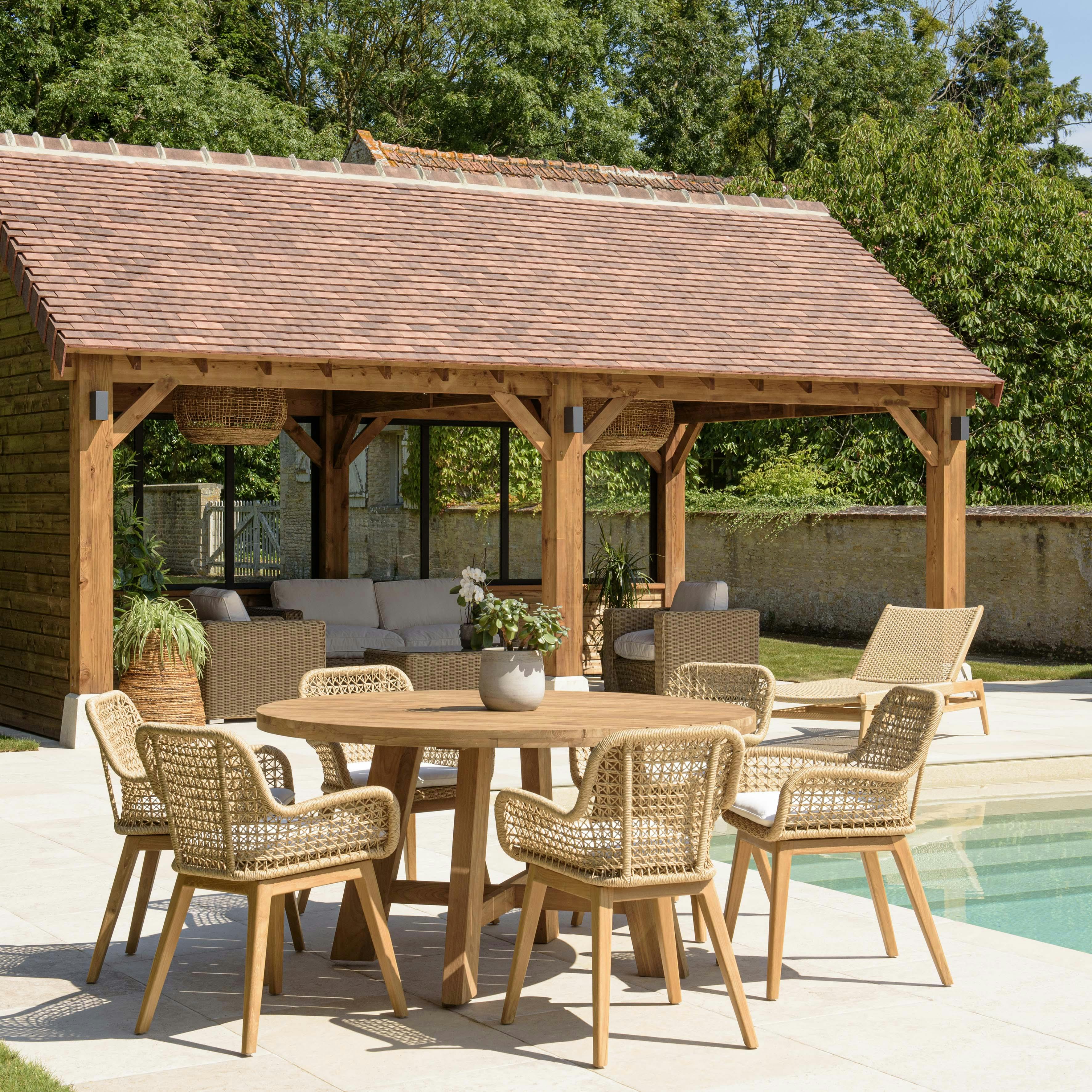 Ensemble de jardin Table ronde 6 fauteuils ecrus arrondis LUMIO