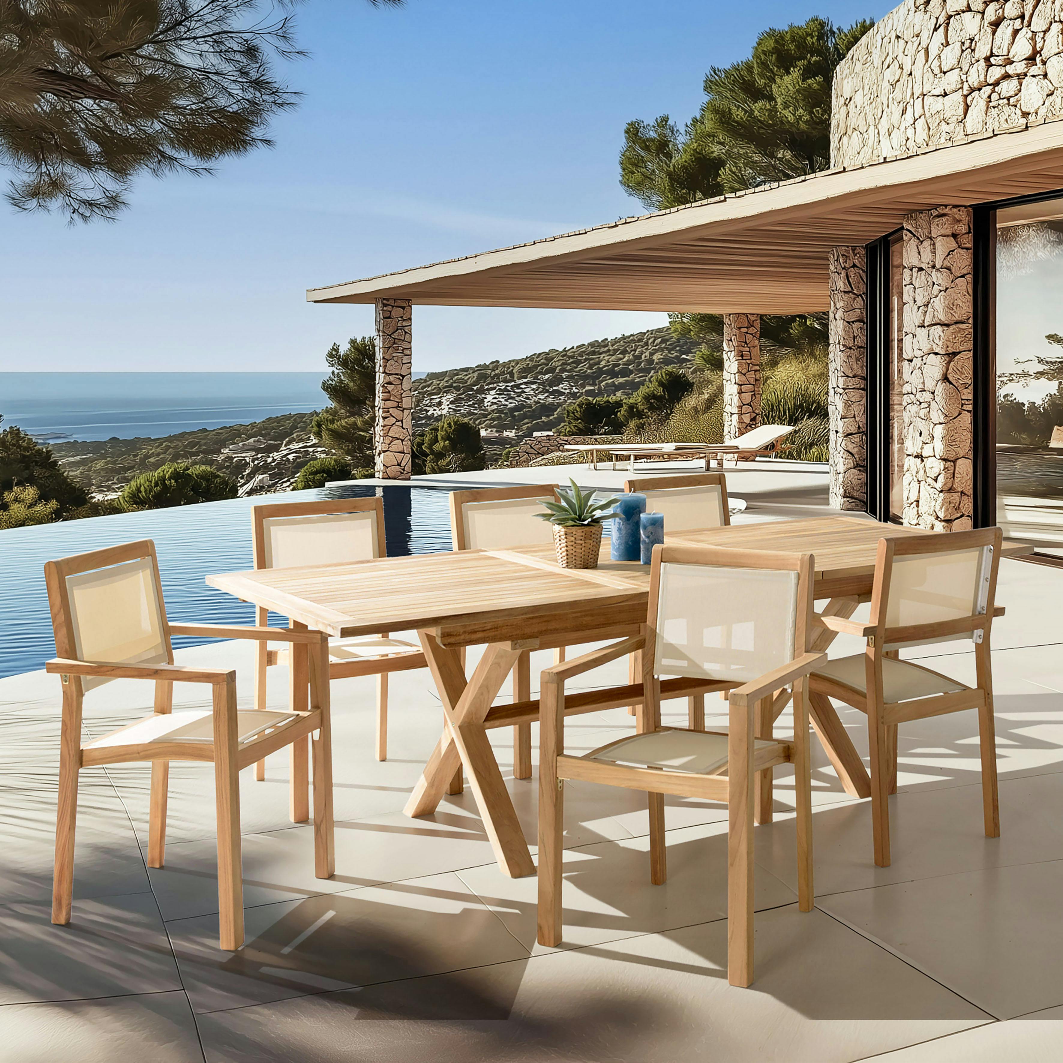 Ensemble de repas extérieur en teck pieds en X 6 fauteuils ALERIA