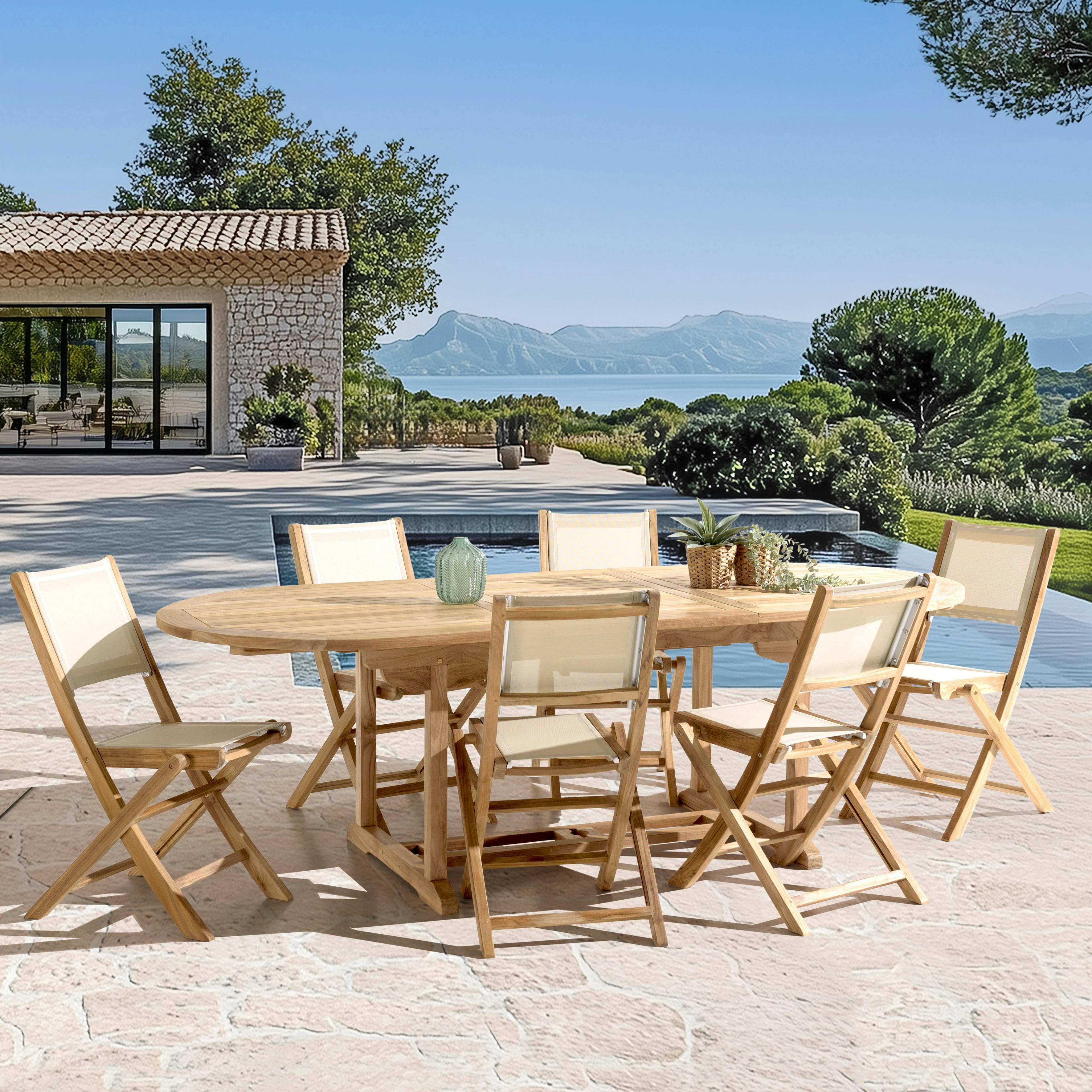 Ensemble de repas extérieur en teck table extensible 6 chaises ALERIA