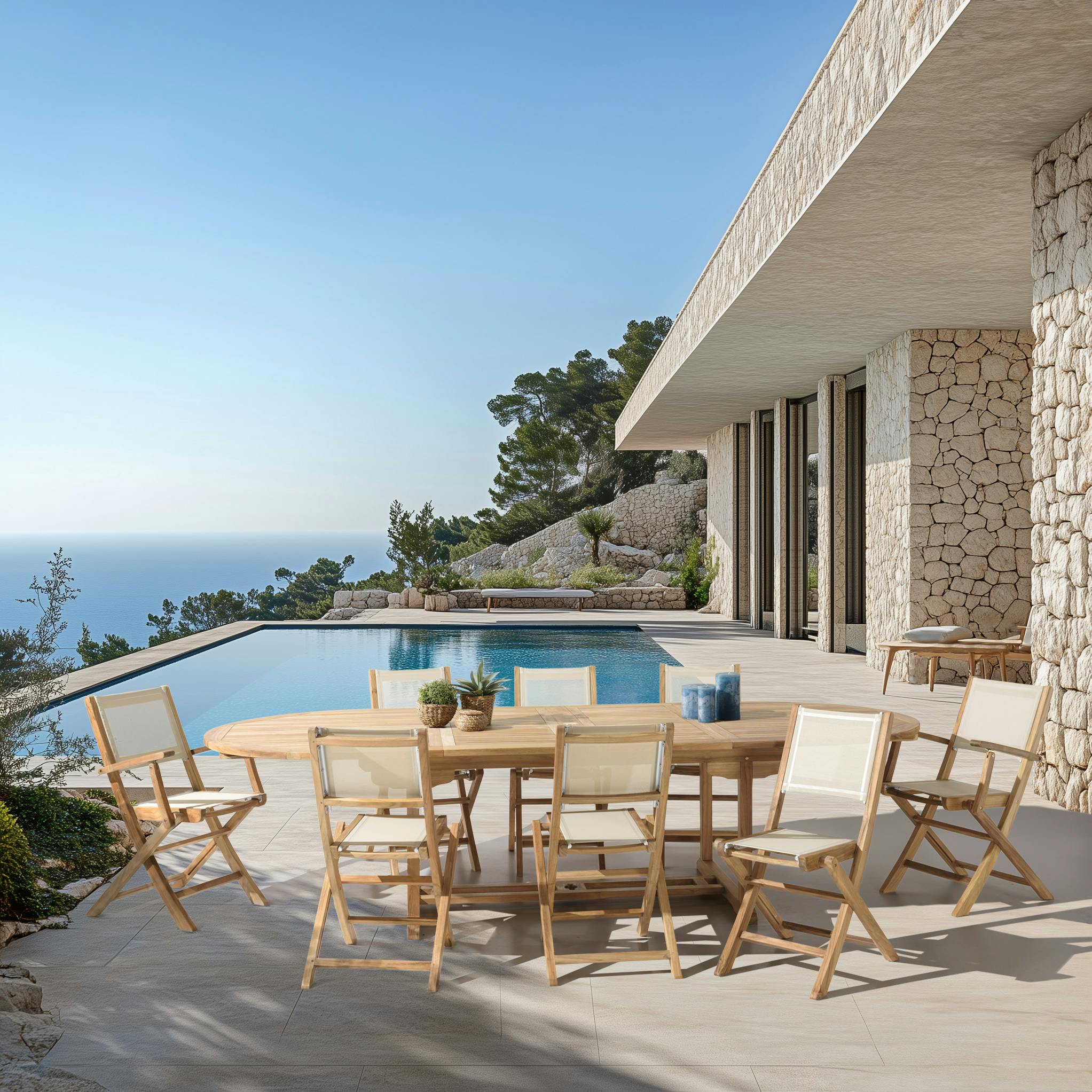 Ensemble de repas extérieur, table en teck extensible 8 chaises ALERIA