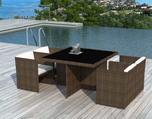 Table à manger d'extérieur 115 cm en résine tressée couleur chocolat + 4 fauteuils avec coussin LIMA