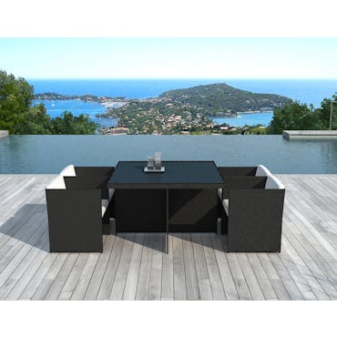  Ensemble de repas de jardin table carrée 115 cm en résine tressée noire + 4 fauteuils avec coussin LIMA