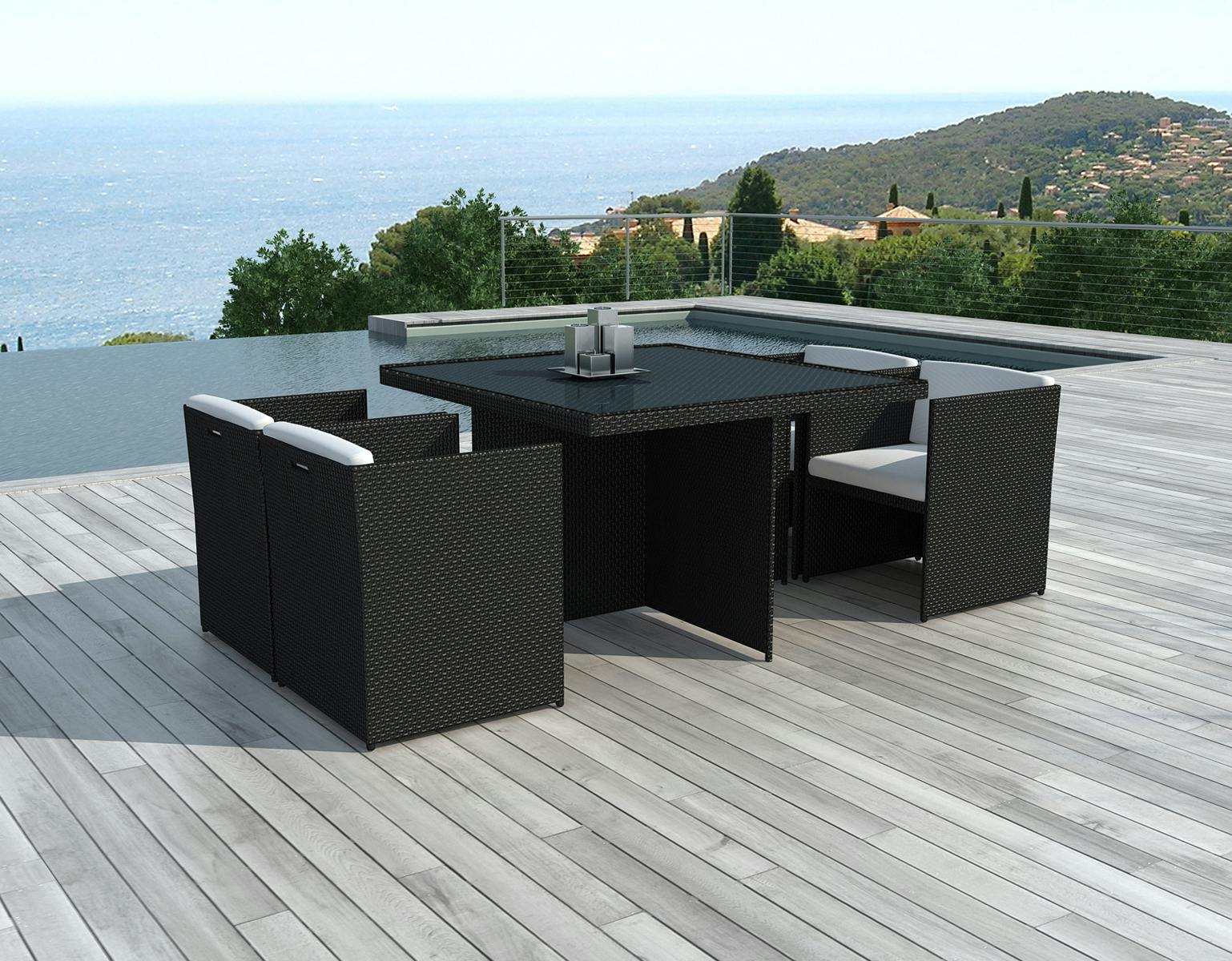 Ensemble de repas de jardin table carrée 115 cm en résine tressée noire + 4 fauteuils avec coussin LIMA